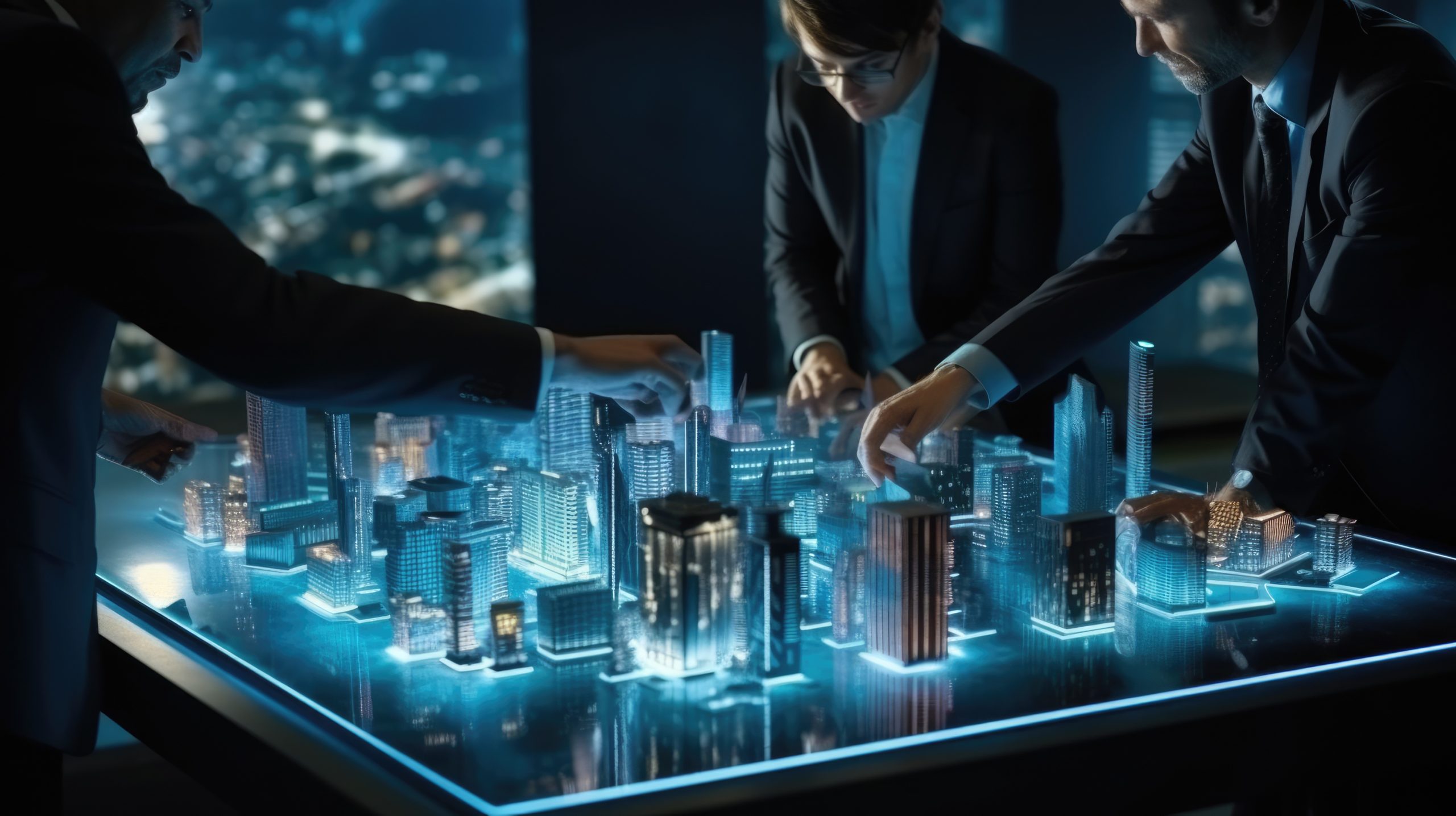 Hologram blue 3d render city model on table in real estate business