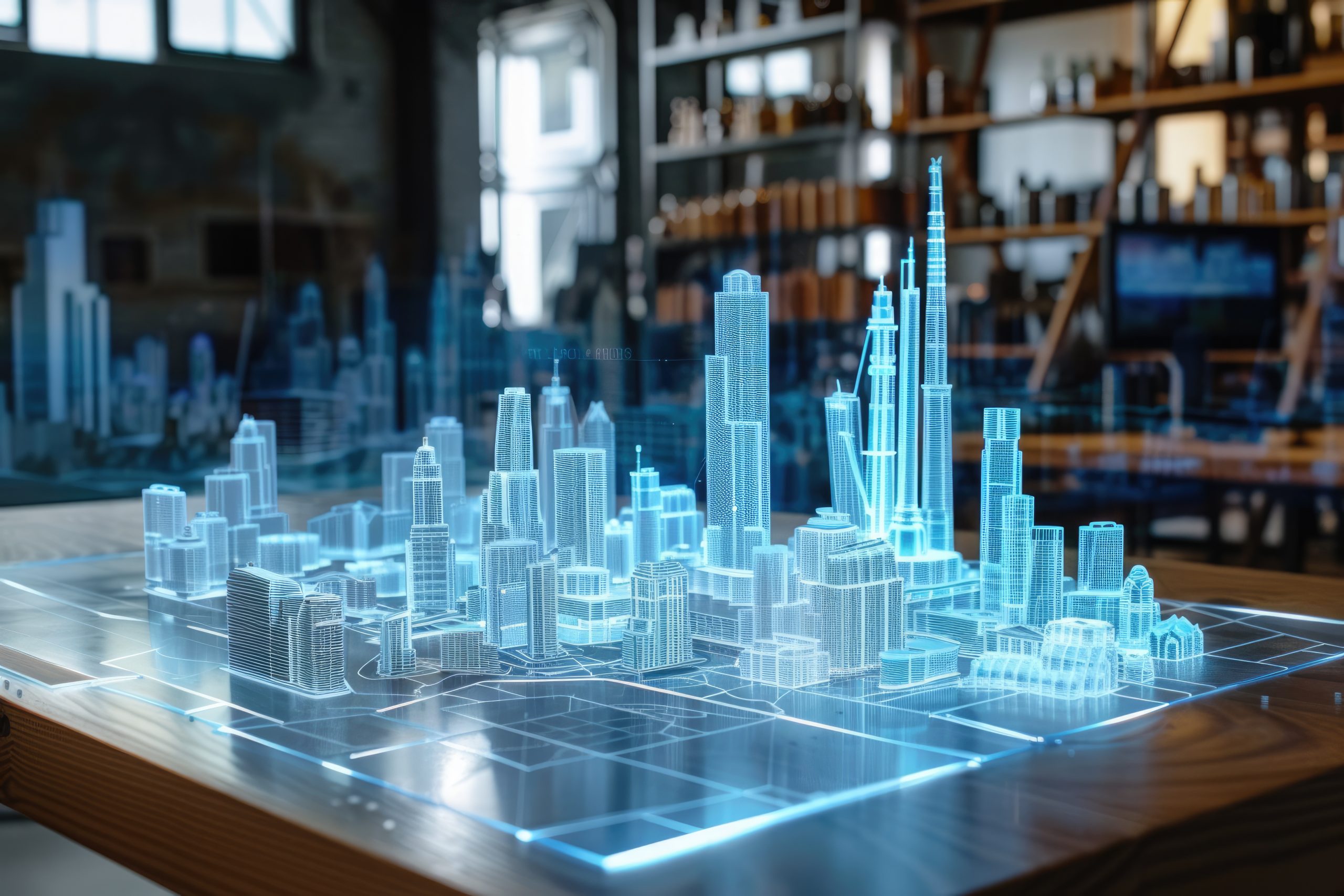 Top view of modern cityscape simulated model placed on meeting table. AIG42