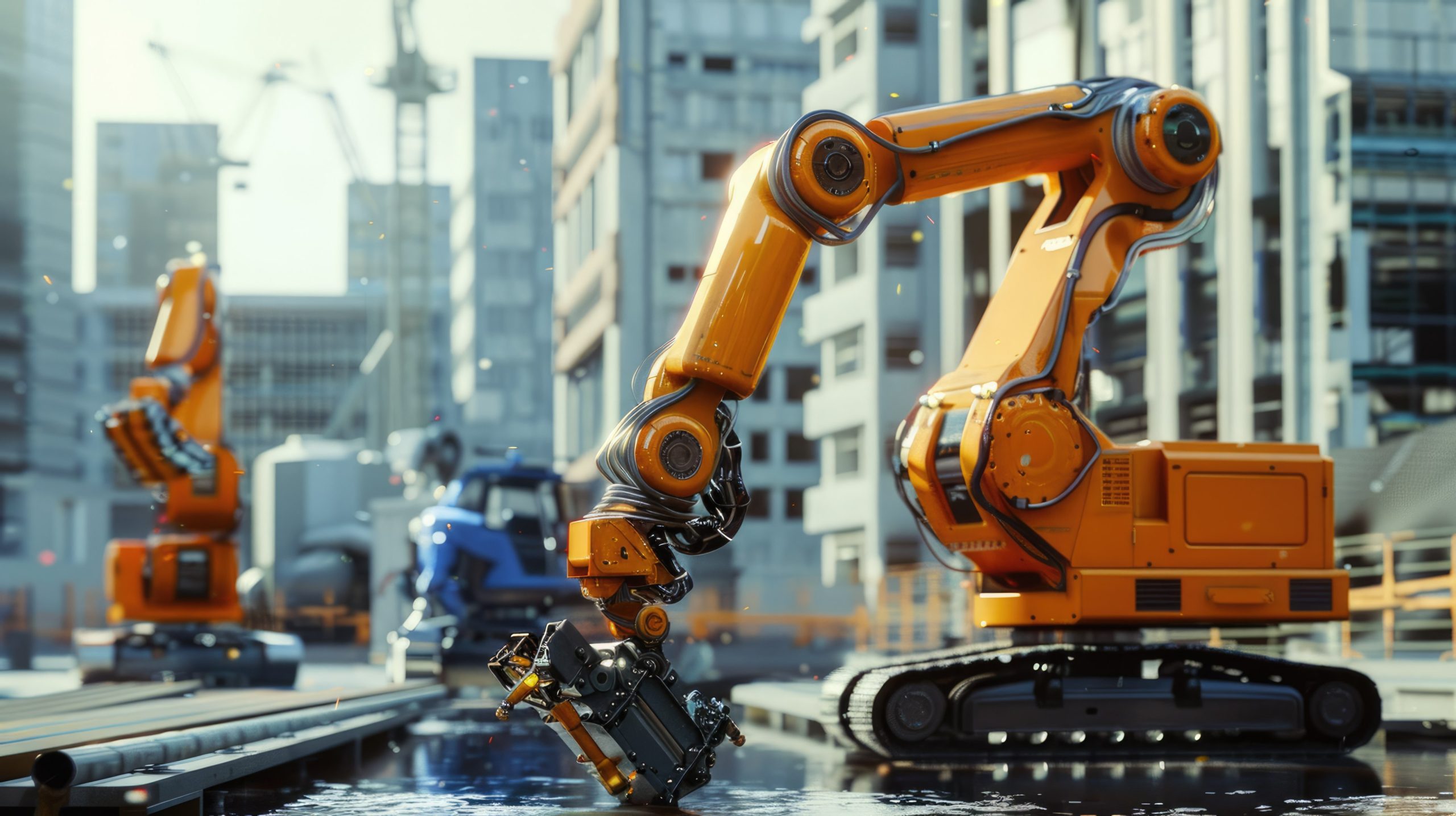 Large robotic arms in a futuristic city demonstrate advanced automation in construction AIG62